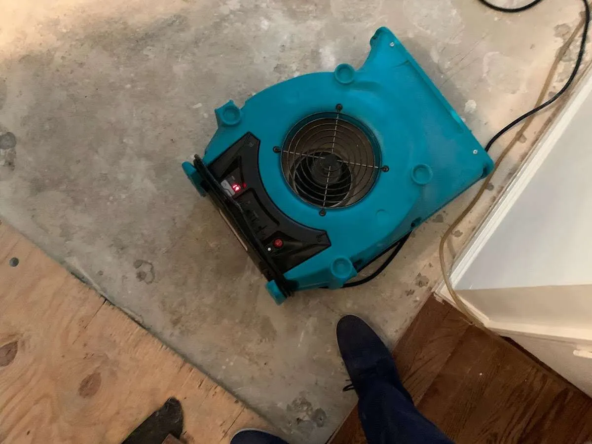 Air mover drying subfloor during Commercial Water Damage Restoration in Vienna